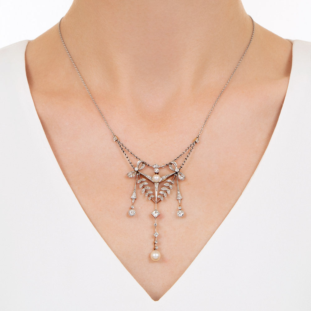 Edwardian Diamond and Natural Pearl Necklace - 8