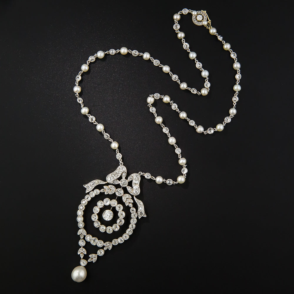 Edwardian Diamond and Natural Pearl Necklace - GIA - 2
