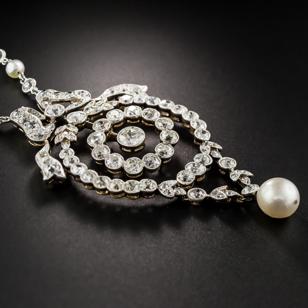 Edwardian Diamond and Natural Pearl Necklace - GIA - 3