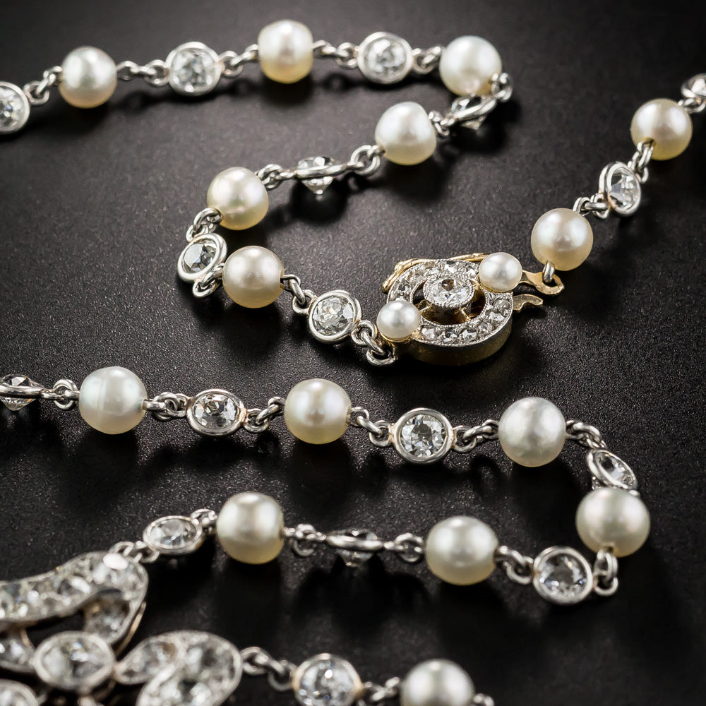 Edwardian Diamond and Natural Pearl Necklace - GIA - 4