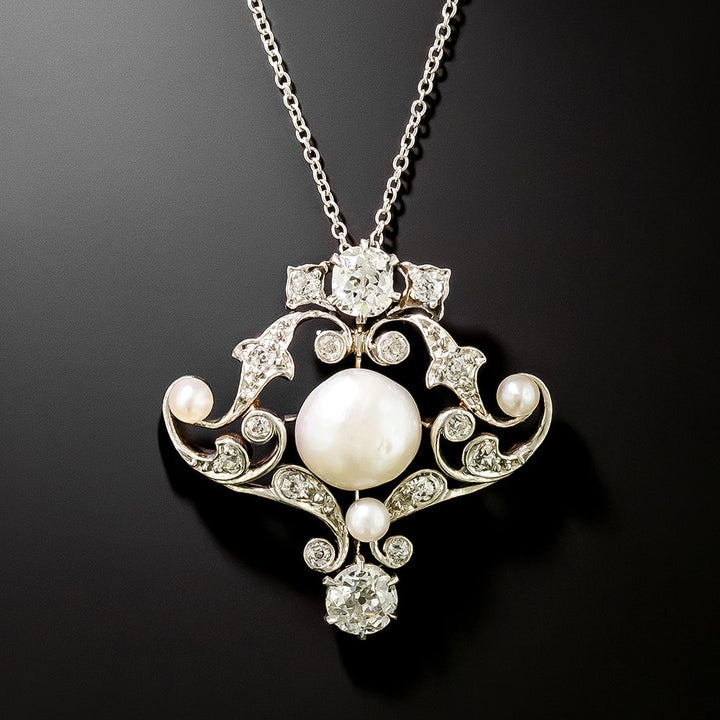 Edwardian Diamond and Natural Pearl Pendant