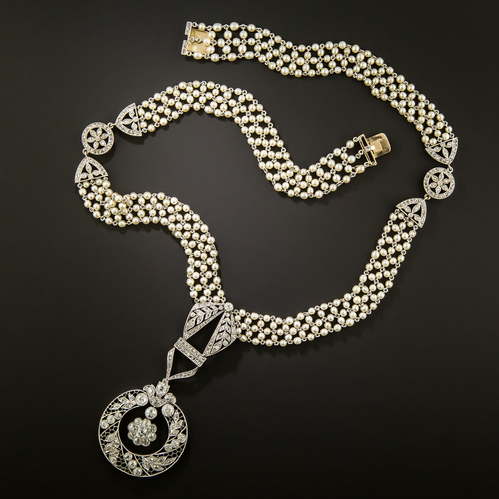 Edwardian Diamond and  Natural Pearl Sautoir Necklace - 4