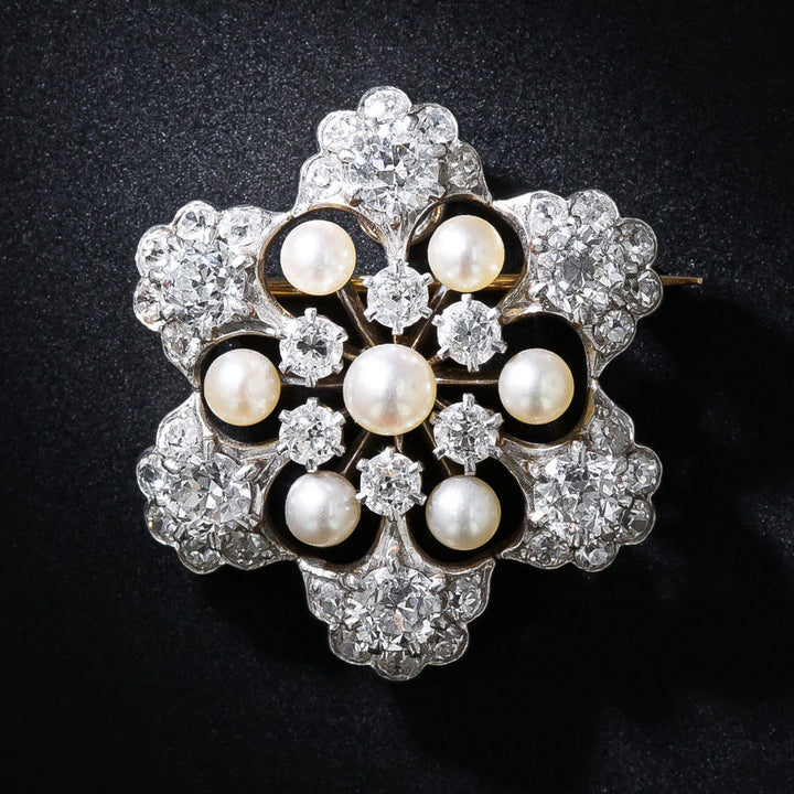 Edwardian Diamond and Natural Pearl Snowflake Pendant/Brooch - GIA