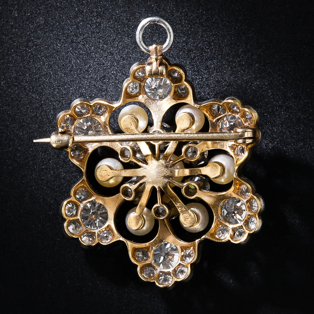 Edwardian Diamond and Natural Pearl Snowflake Pendant/Brooch - GIA - 7