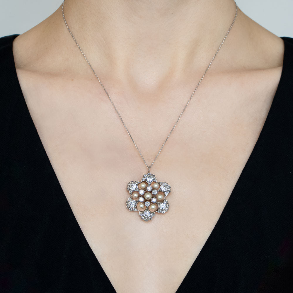 Edwardian Diamond and Natural Pearl Snowflake Pendant/Brooch - GIA - 6