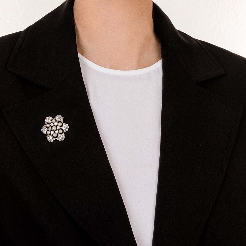 Edwardian Diamond and Natural Pearl Snowflake Pendant/Brooch - GIA - 9