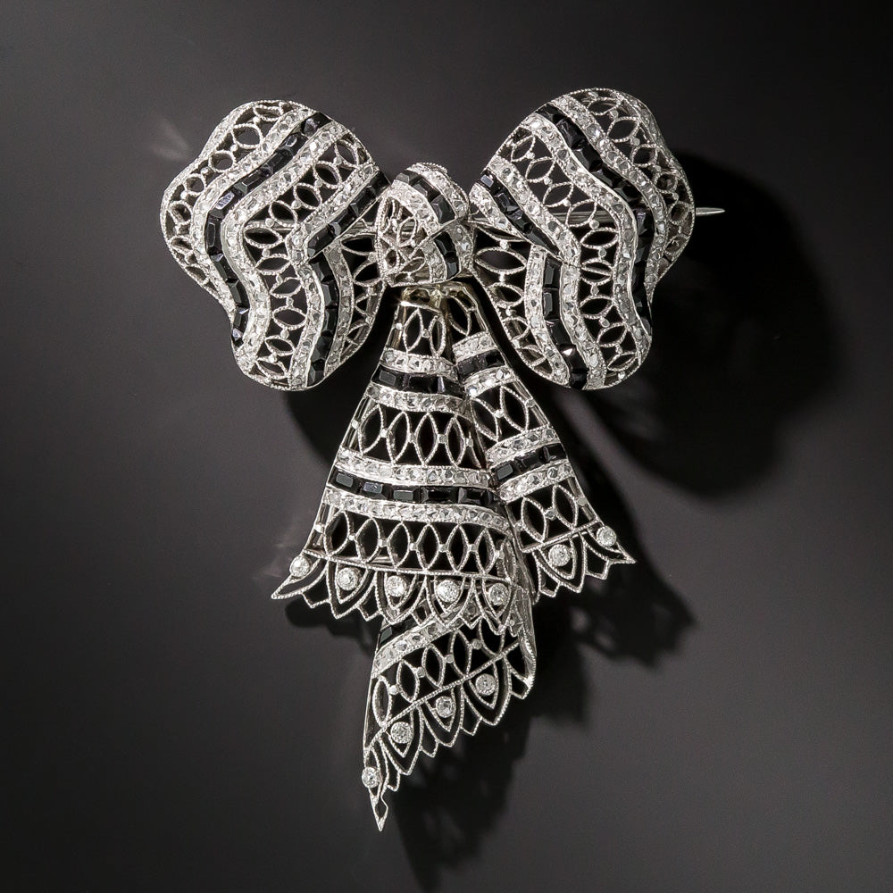 Edwardian Diamond and Onyx Bow Knot Brooch, French - 9