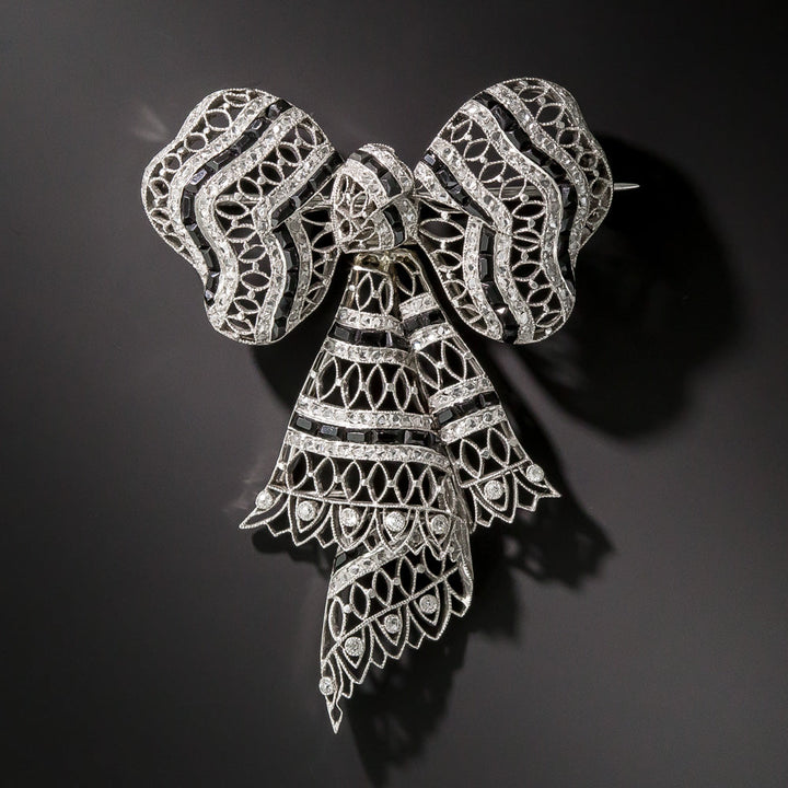 Edwardian Diamond and Onyx Bow Knot Brooch, French