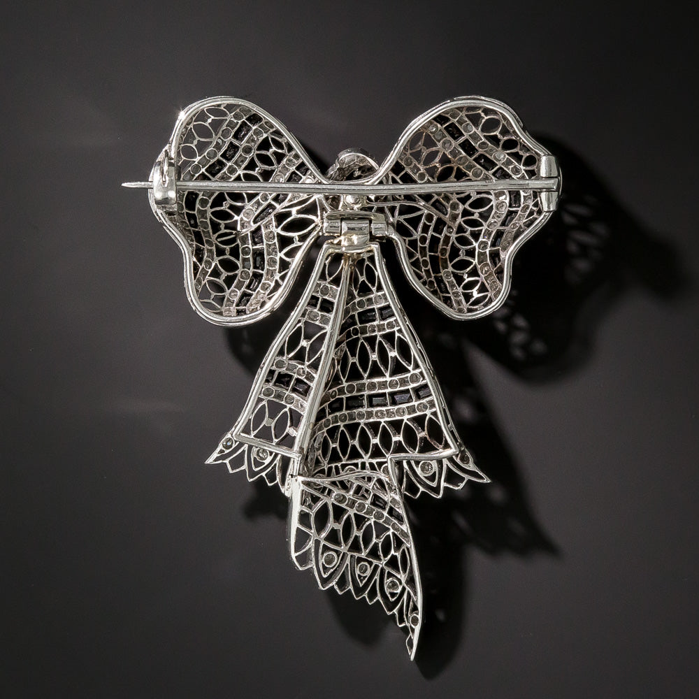 Edwardian Diamond and Onyx Bow Knot Brooch, French - 10