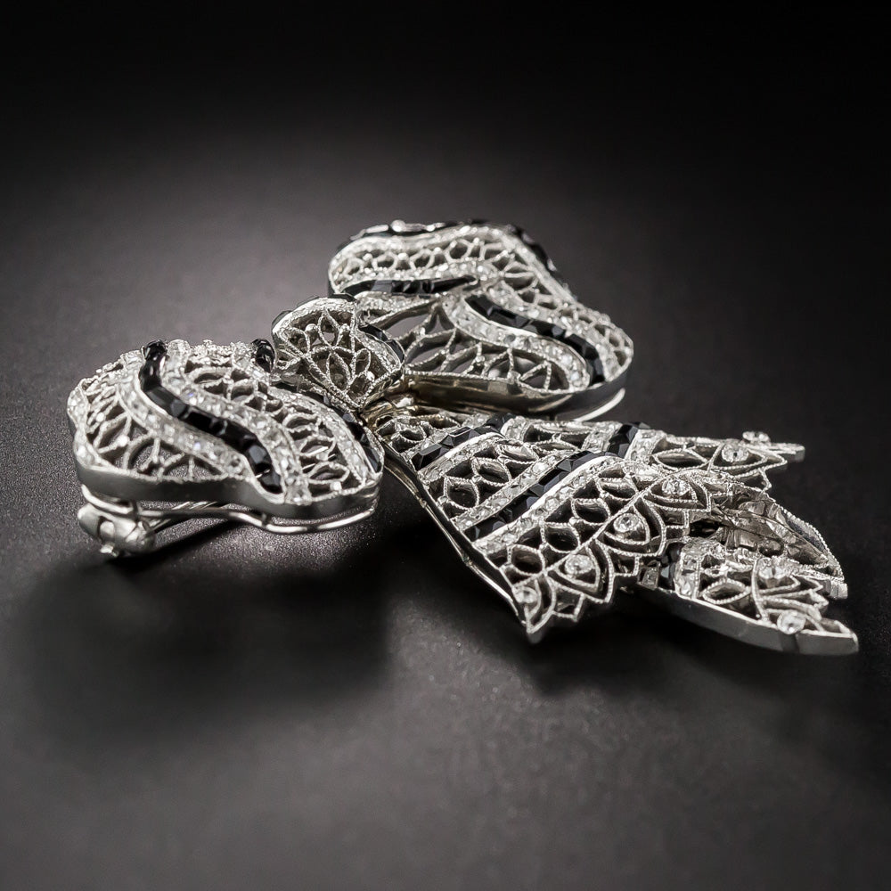 Edwardian Diamond and Onyx Bow Knot Brooch, French - 11