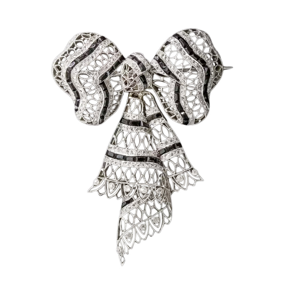 Edwardian Diamond and Onyx Bow Knot Brooch, French - 3