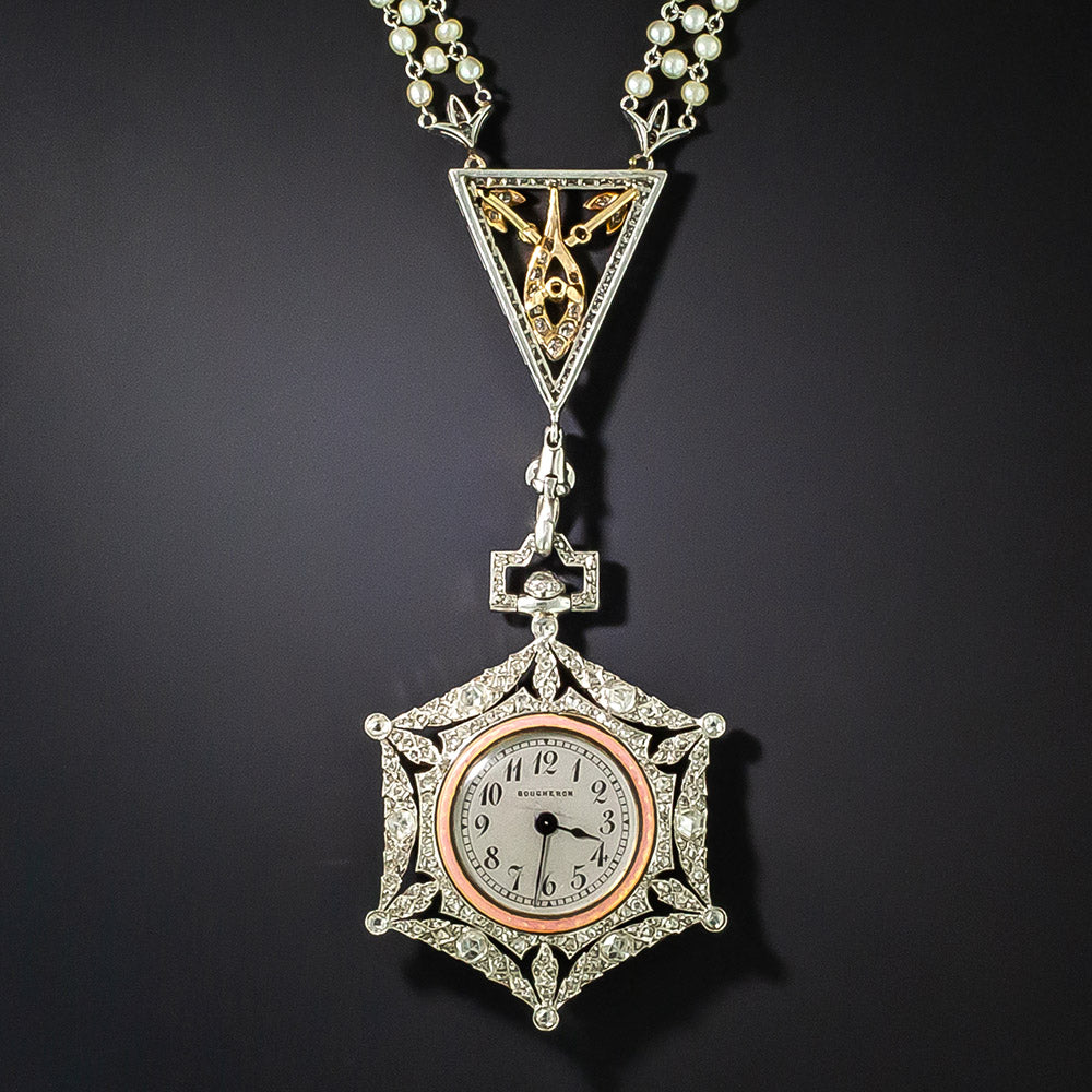 Edwardian Diamond and Pearl Boucheron Watch Necklace - 3