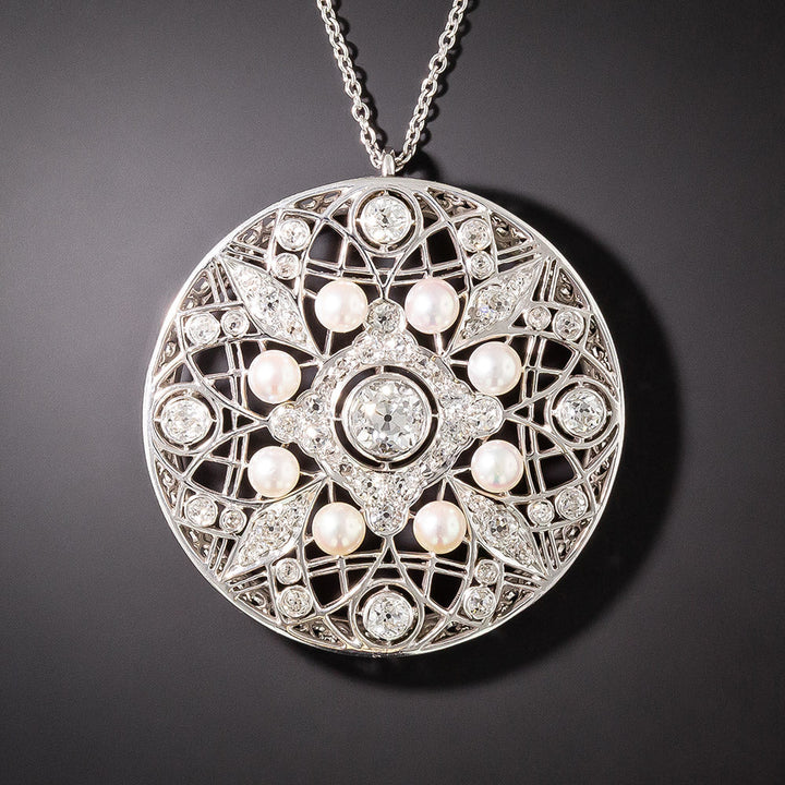 Edwardian Diamond and Pearl Circle Pendant/Brooch