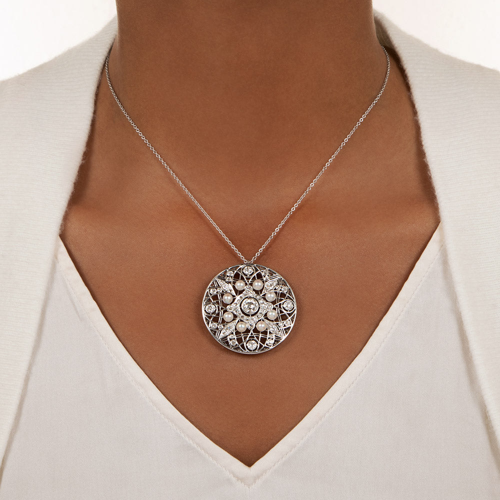 Edwardian Diamond and Pearl Circle Pendant/Brooch - 4