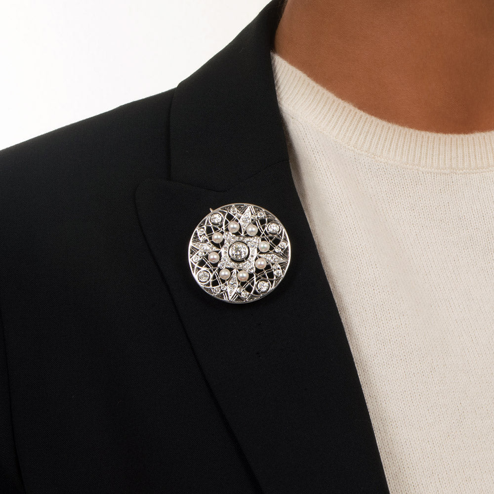 Edwardian Diamond and Pearl Circle Pendant/Brooch - 5