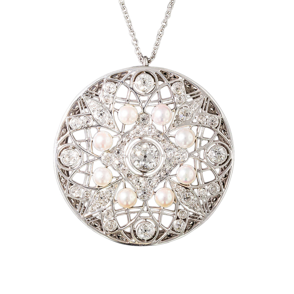 Edwardian Diamond and Pearl Circle Pendant/Brooch - 4