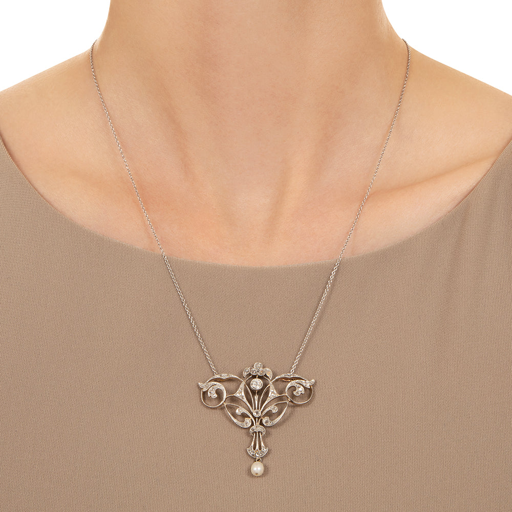 Edwardian Diamond and Pearl Drop Necklace - 3