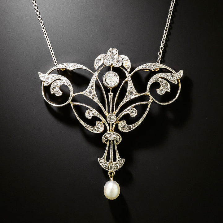 Edwardian Diamond and Pearl Drop Necklace