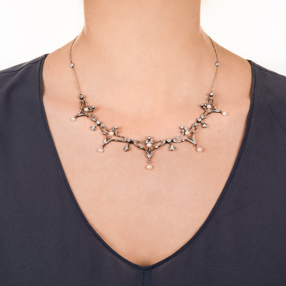 Edwardian Diamond and Pearl Necklace - 8