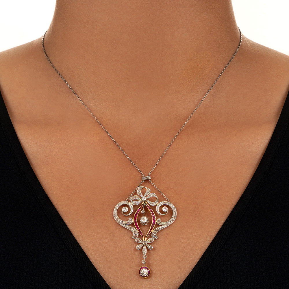 Edwardian Diamond and Ruby* Bow and Scroll Necklace - 5