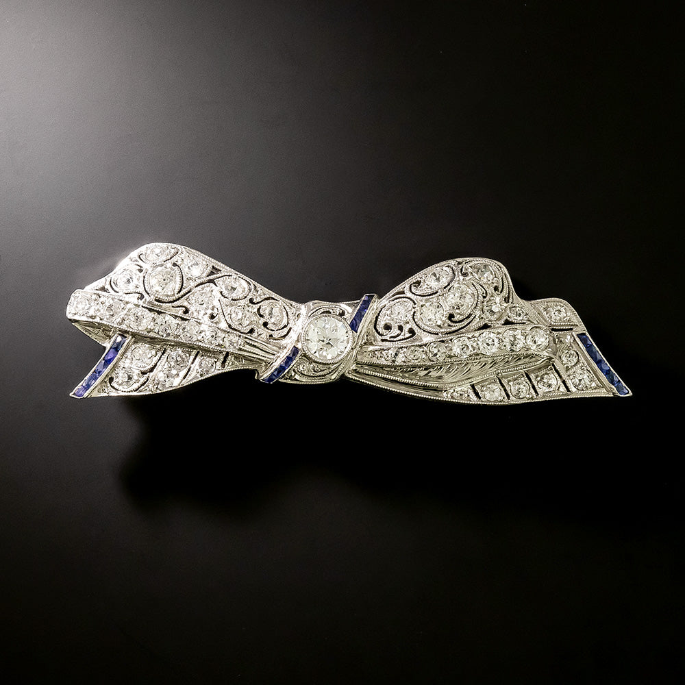 Edwardian Diamond and Sapphire Bow Brooch - 2
