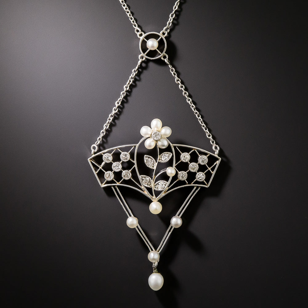 Edwardian Diamond and Seed Pearl Pendant Necklace - 3