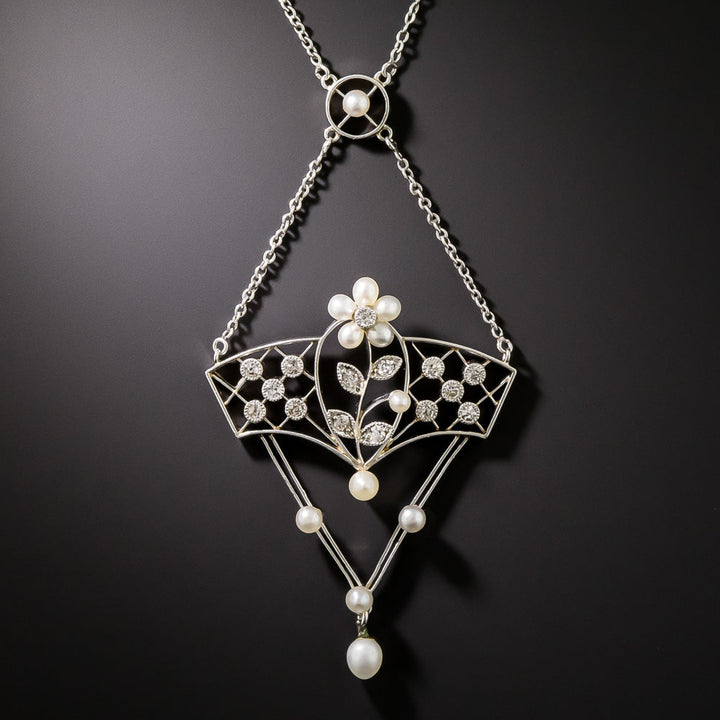Edwardian Diamond and Seed Pearl Pendant Necklace