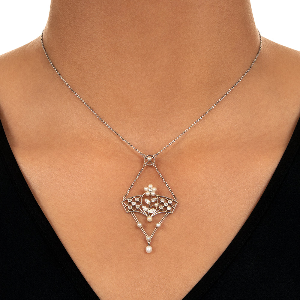 Edwardian Diamond and Seed Pearl Pendant Necklace - 4