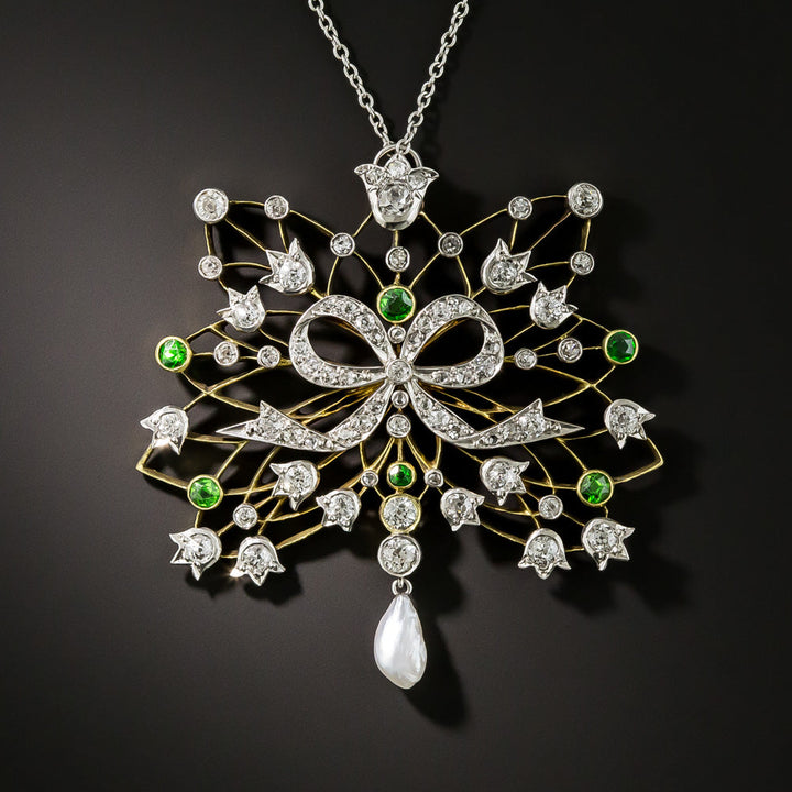 Edwardian Diamond, Demantoid Garnet and Pearl Necklace
