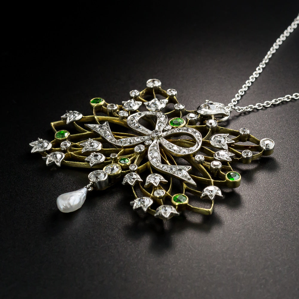 Edwardian Diamond, Demantoid Garnet and Pearl Necklace - 2