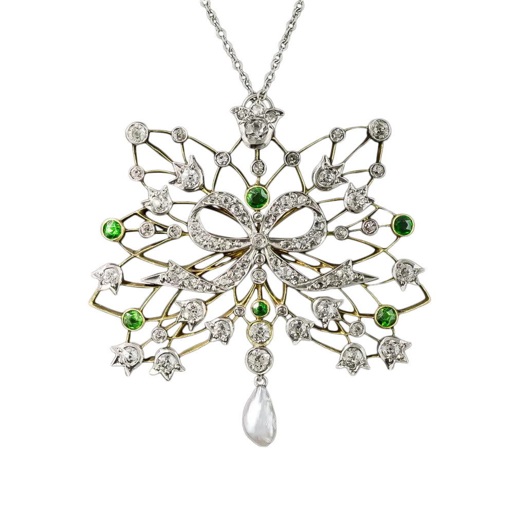 Edwardian Diamond, Demantoid Garnet and Pearl Necklace - 3
