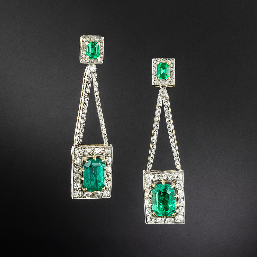 Edwardian Emerald and Diamond Drop Earrings - GIA - 2