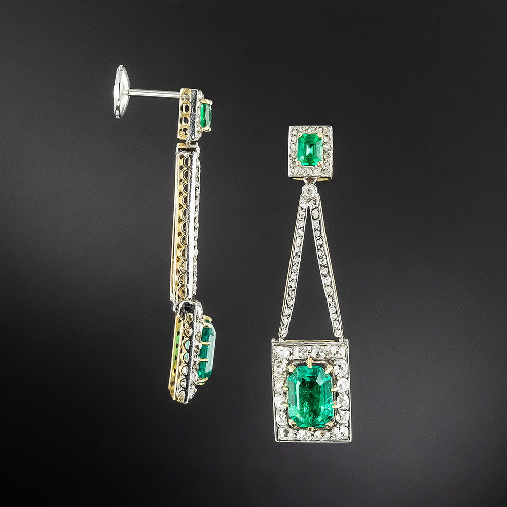 Edwardian Emerald and Diamond Drop Earrings - GIA - 3