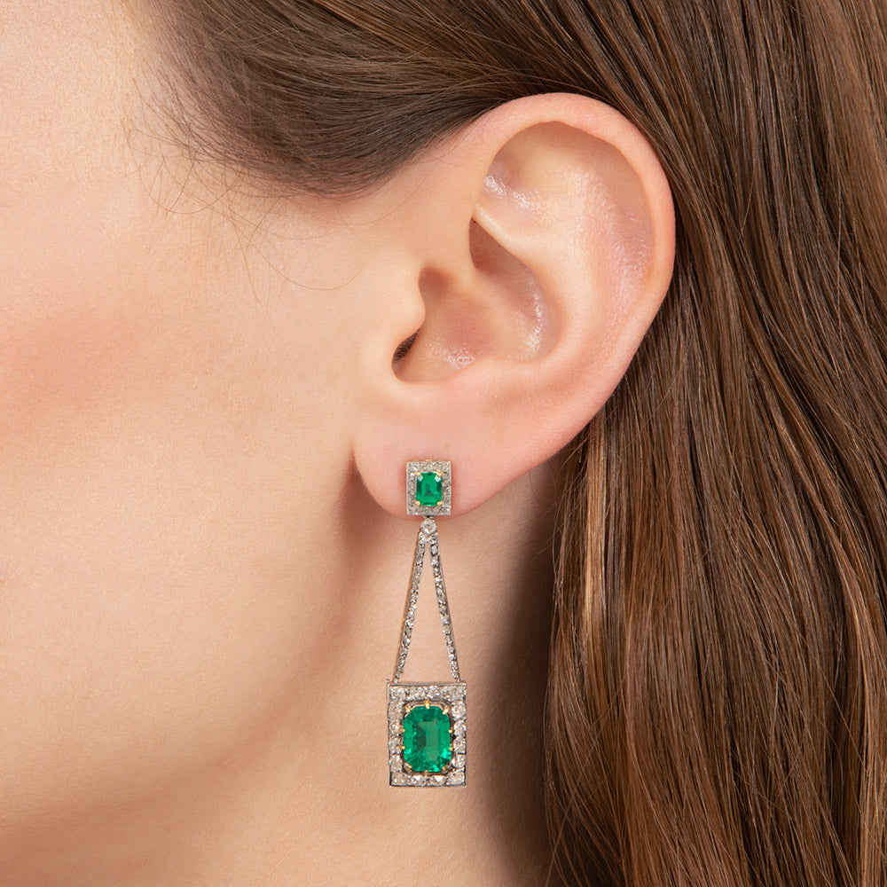 Edwardian Emerald and Diamond Drop Earrings - GIA - 6