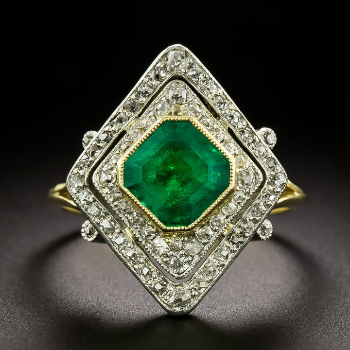 Edwardian Emerald and Diamond Lozenge-Shaped Ring - GIA F1
