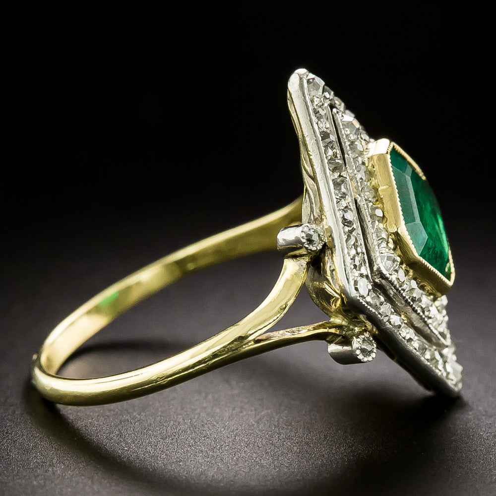 Edwardian Emerald and Diamond Lozenge-Shaped Ring - GIA F1 - 3
