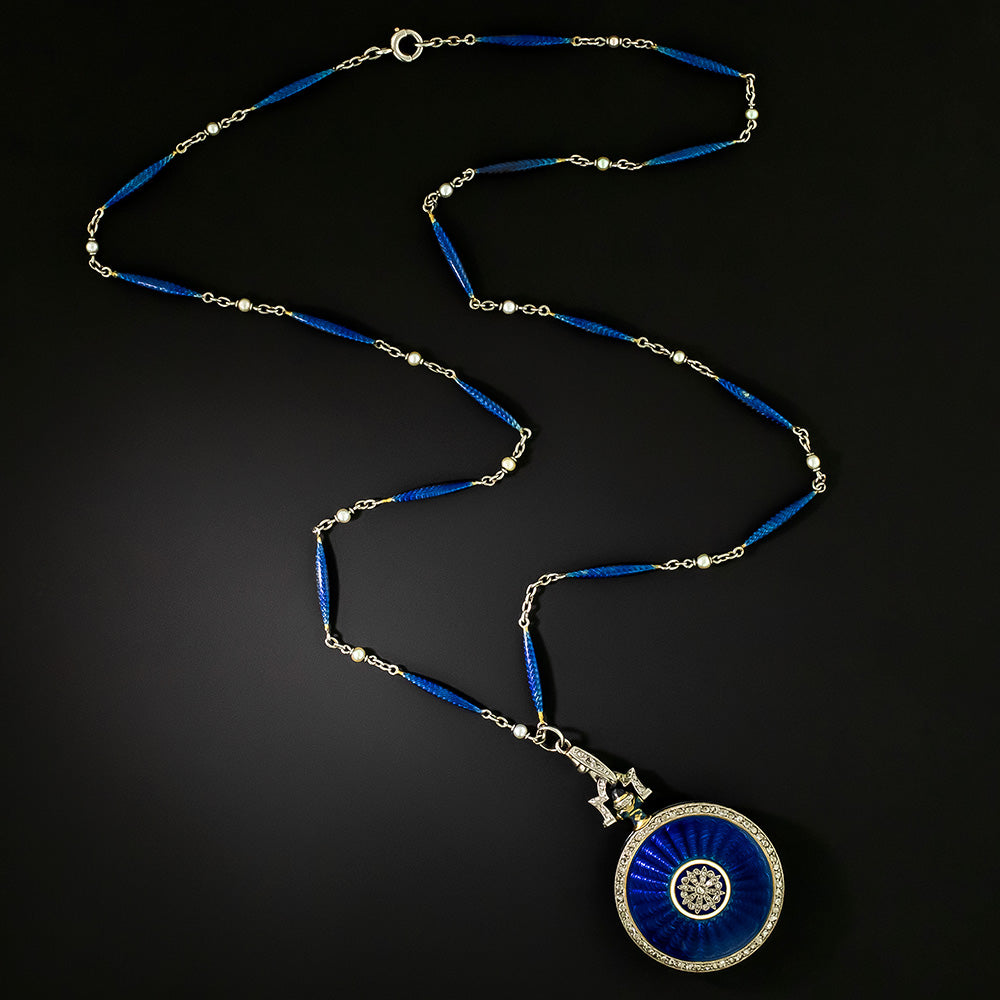 Edwardian Enamel and Diamond Pendant Watch Necklace - 4