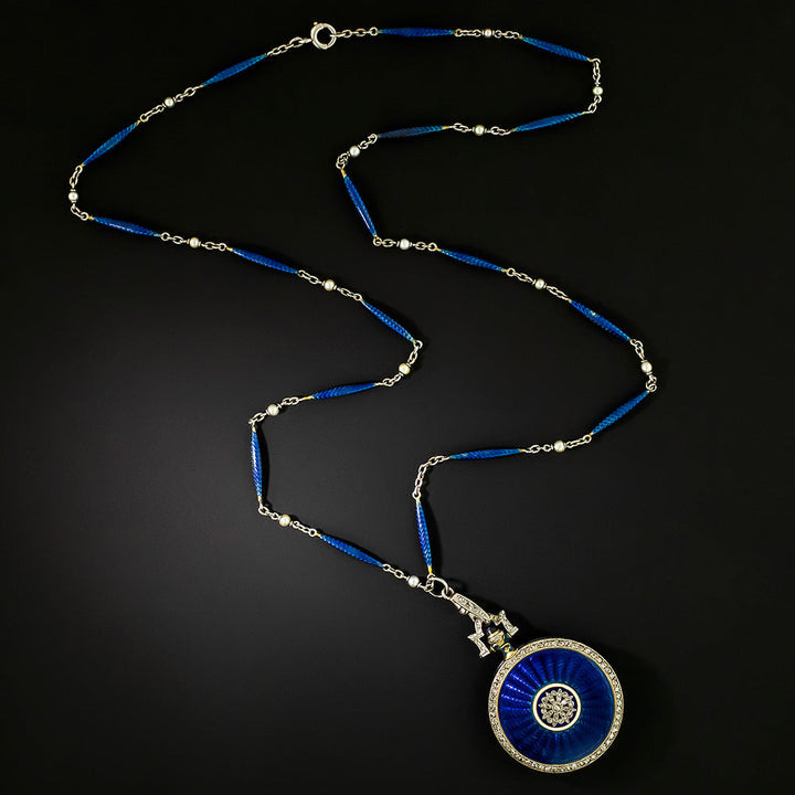 Edwardian Enamel and Diamond Pendant Watch Necklace