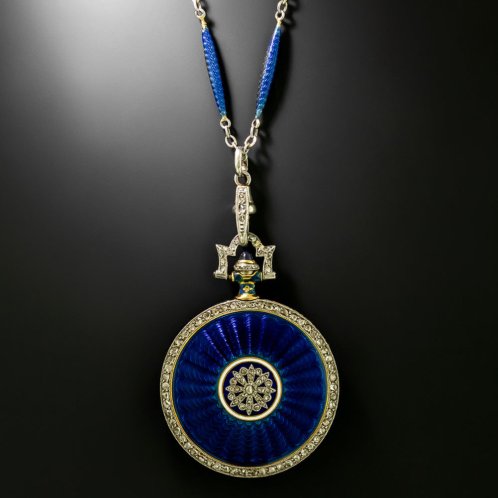 Edwardian Enamel and Diamond Pendant Watch Necklace - 5