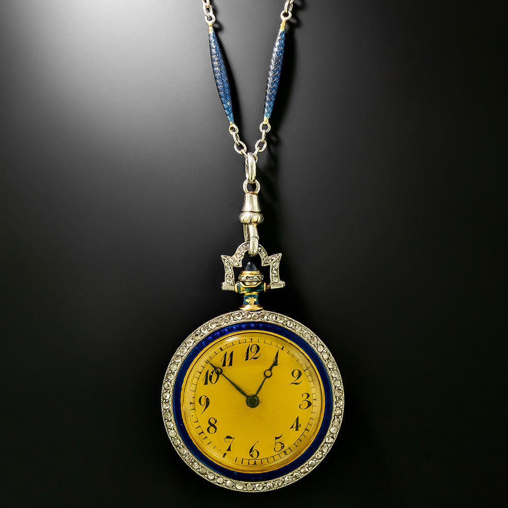 Edwardian Enamel and Diamond Pendant Watch Necklace - 6
