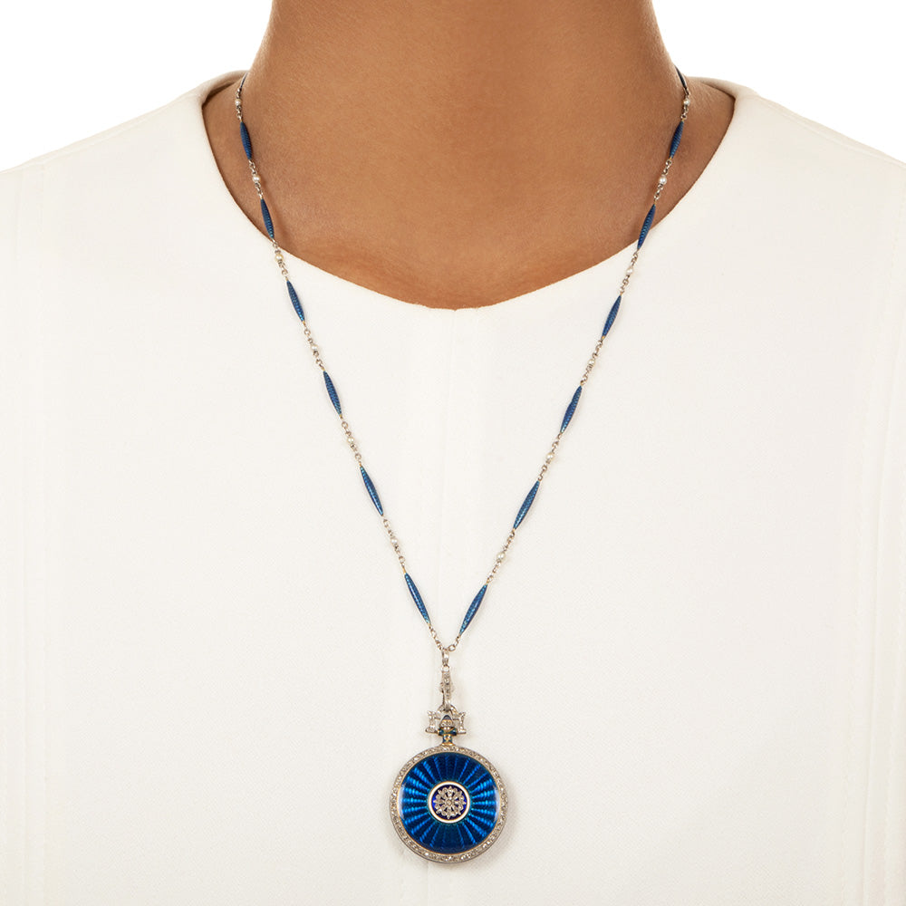 Edwardian Enamel and Diamond Pendant Watch Necklace - 7