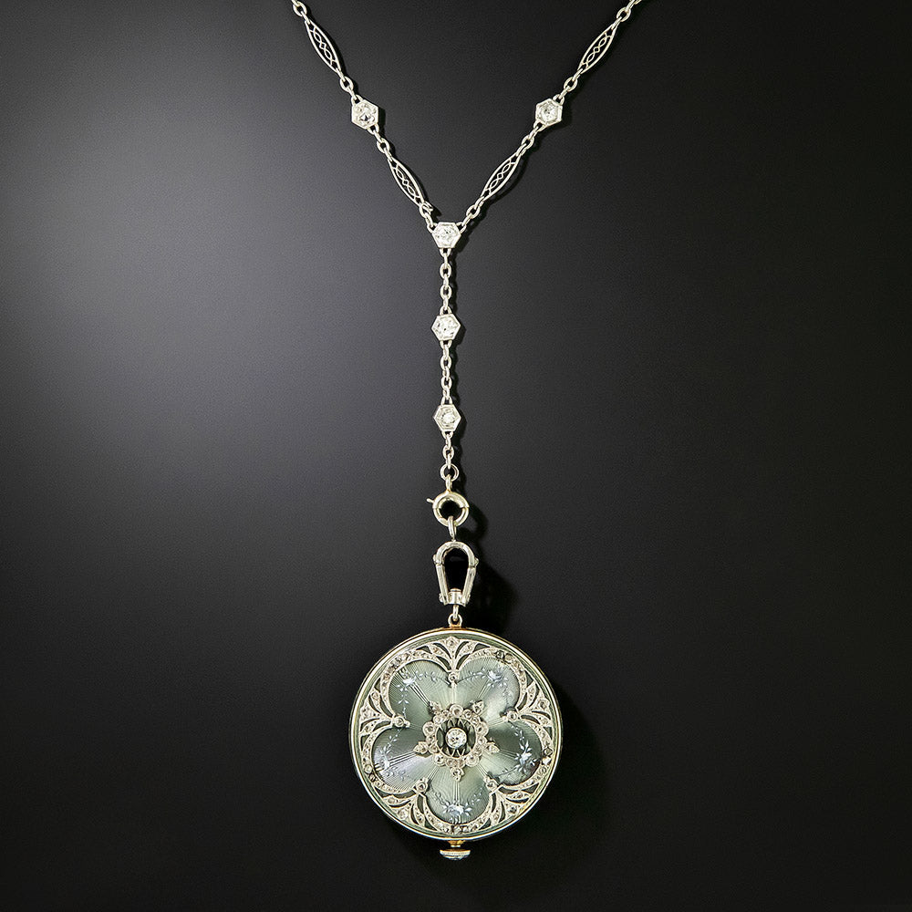Edwardian Enamel And Diamond Pendant Watch Necklace - 4