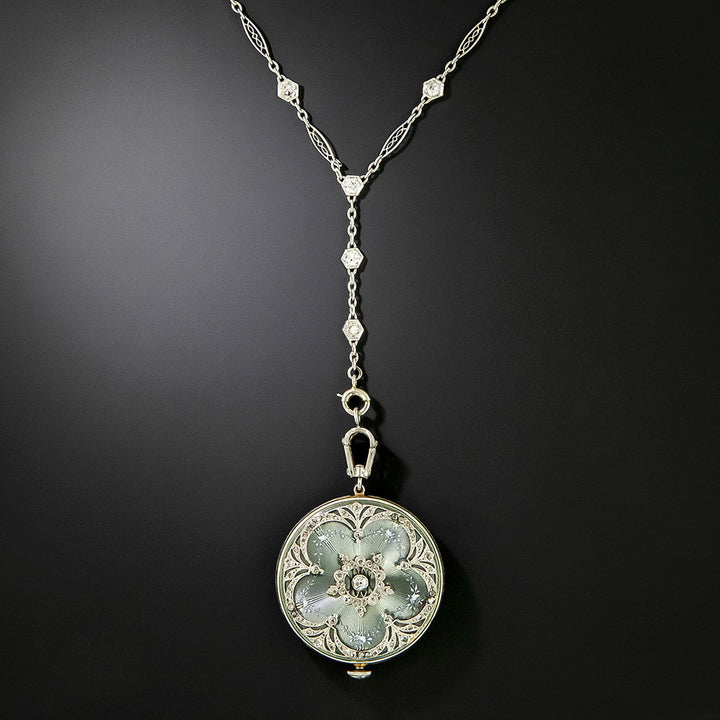 Edwardian Enamel And Diamond Pendant Watch Necklace