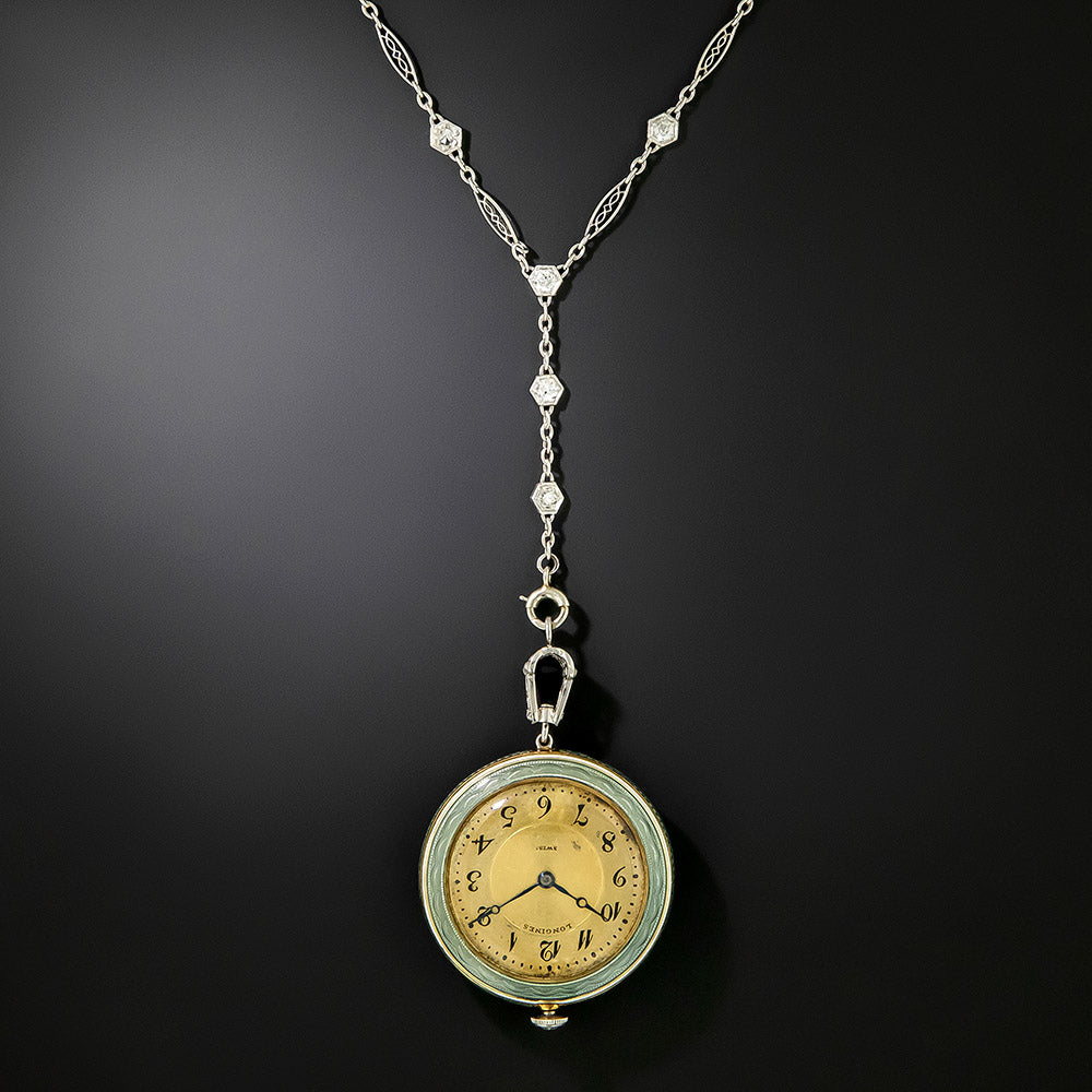 Edwardian Enamel And Diamond Pendant Watch Necklace - 5