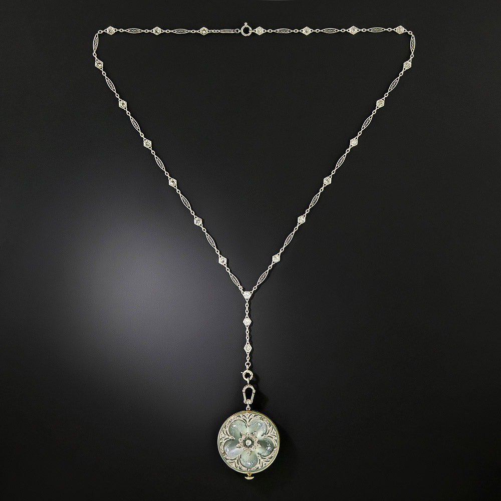 Edwardian Enamel And Diamond Pendant Watch Necklace - 7