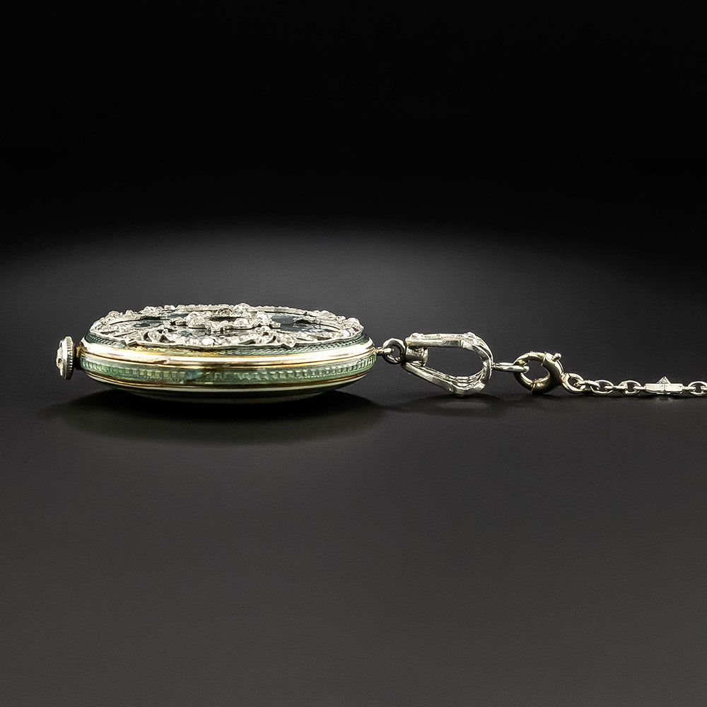 Edwardian Enamel And Diamond Pendant Watch Necklace - 8