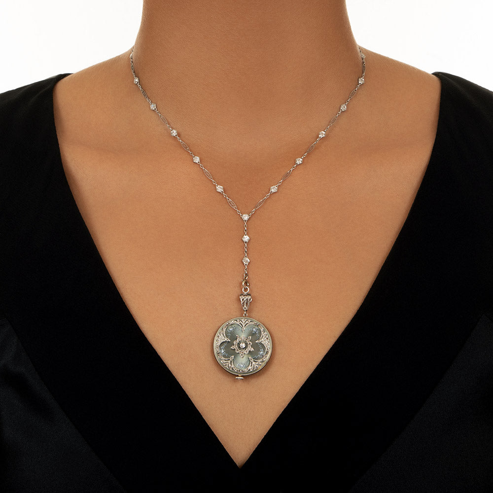 Edwardian Enamel And Diamond Pendant Watch Necklace - 9