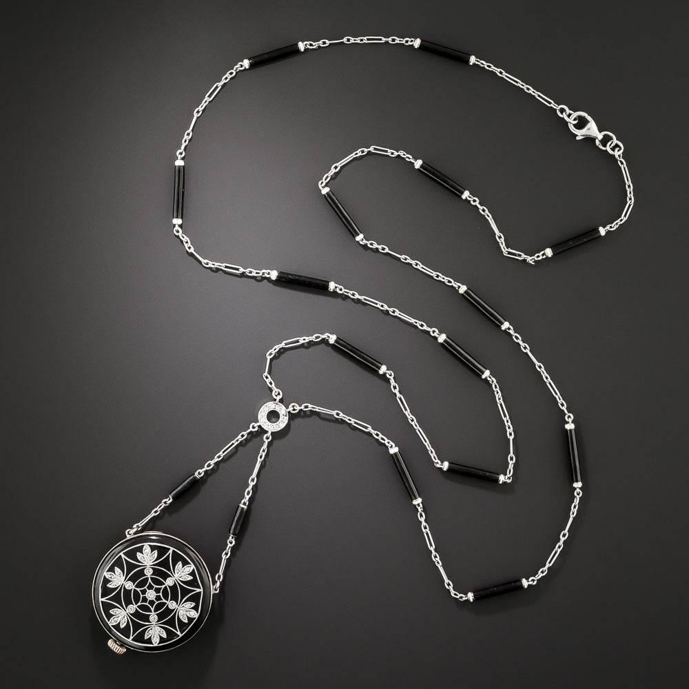 Edwardian Enamel Pendant Watch Necklace By Longines - 3