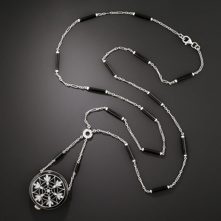 Edwardian Enamel Pendant Watch Necklace By Longines