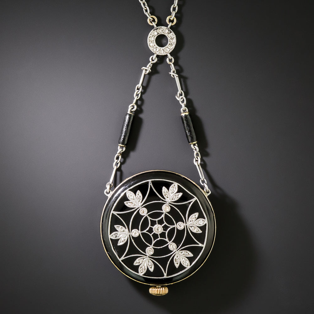 Edwardian Enamel Pendant Watch Necklace By Longines - 4